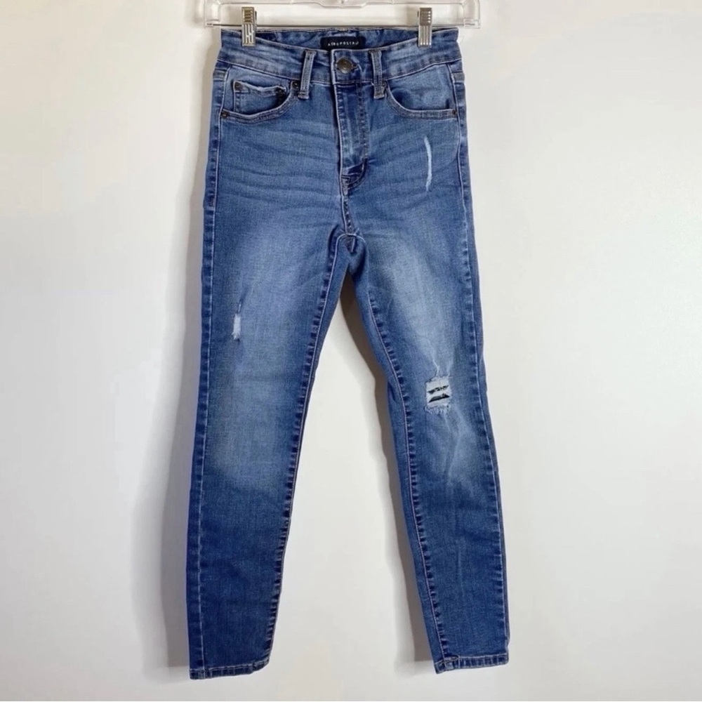 Aeropostale Juniors High Rise Jeggings Sz 2 Short Medium Wash Distressed Denim